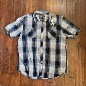 NSS Mens XL Plaid Button Up Collared Shirt Y2K Skater Skulls Emo Grunge